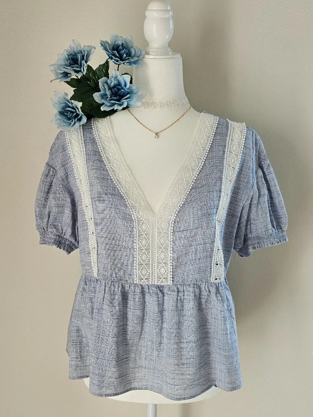 Zara Boho Lace Trim V-Neck Puff Sleeve Blouse Blue - Size L